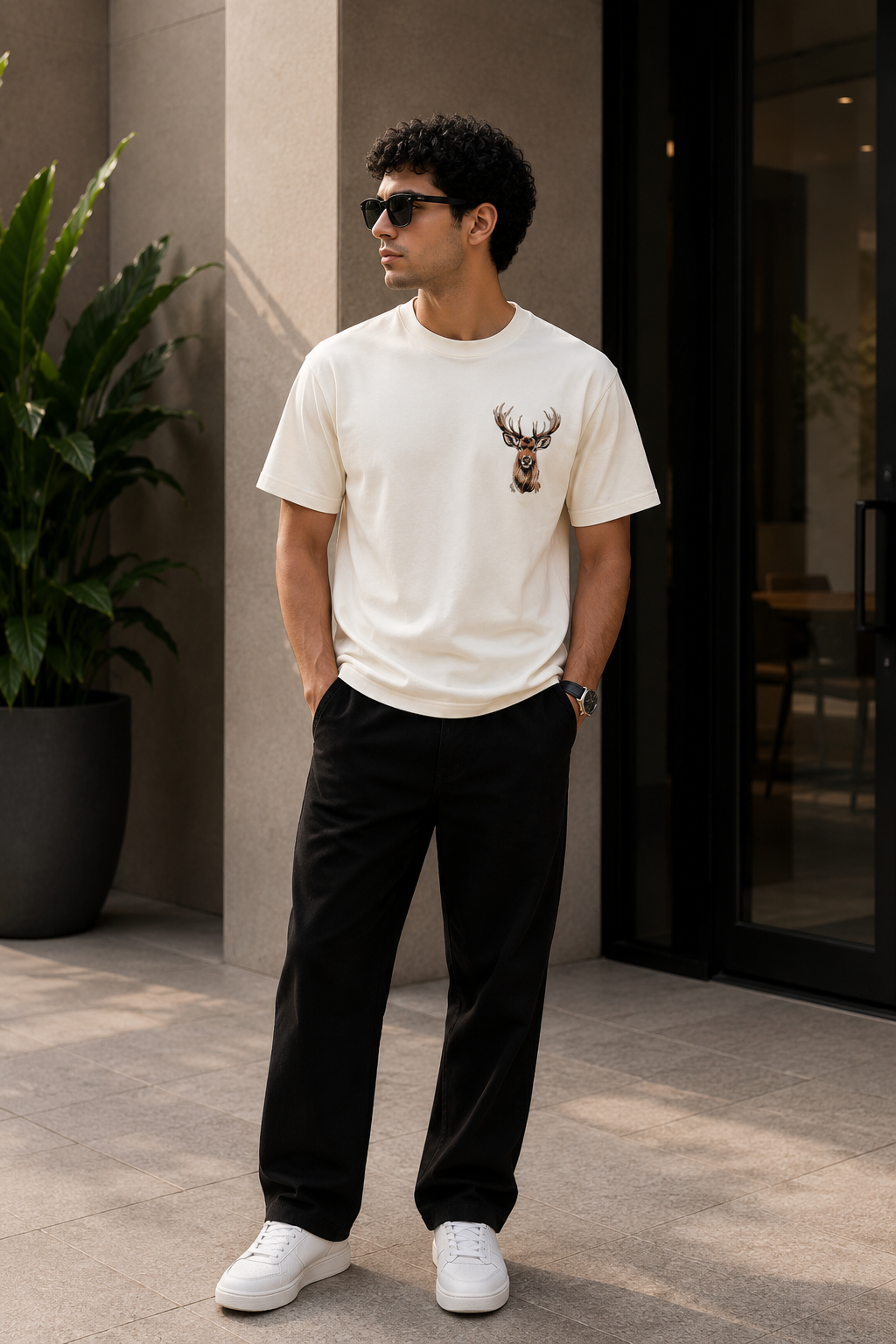 Embroidered Deer Head T-Shirt – Off White | Premium Wildlife Stag Cotton Tee for Men