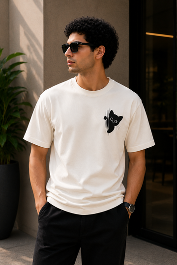 Peekaboo Black Cat Embroidered T-Shirt – Off White | Cute Minimal Cotton Tee for Men