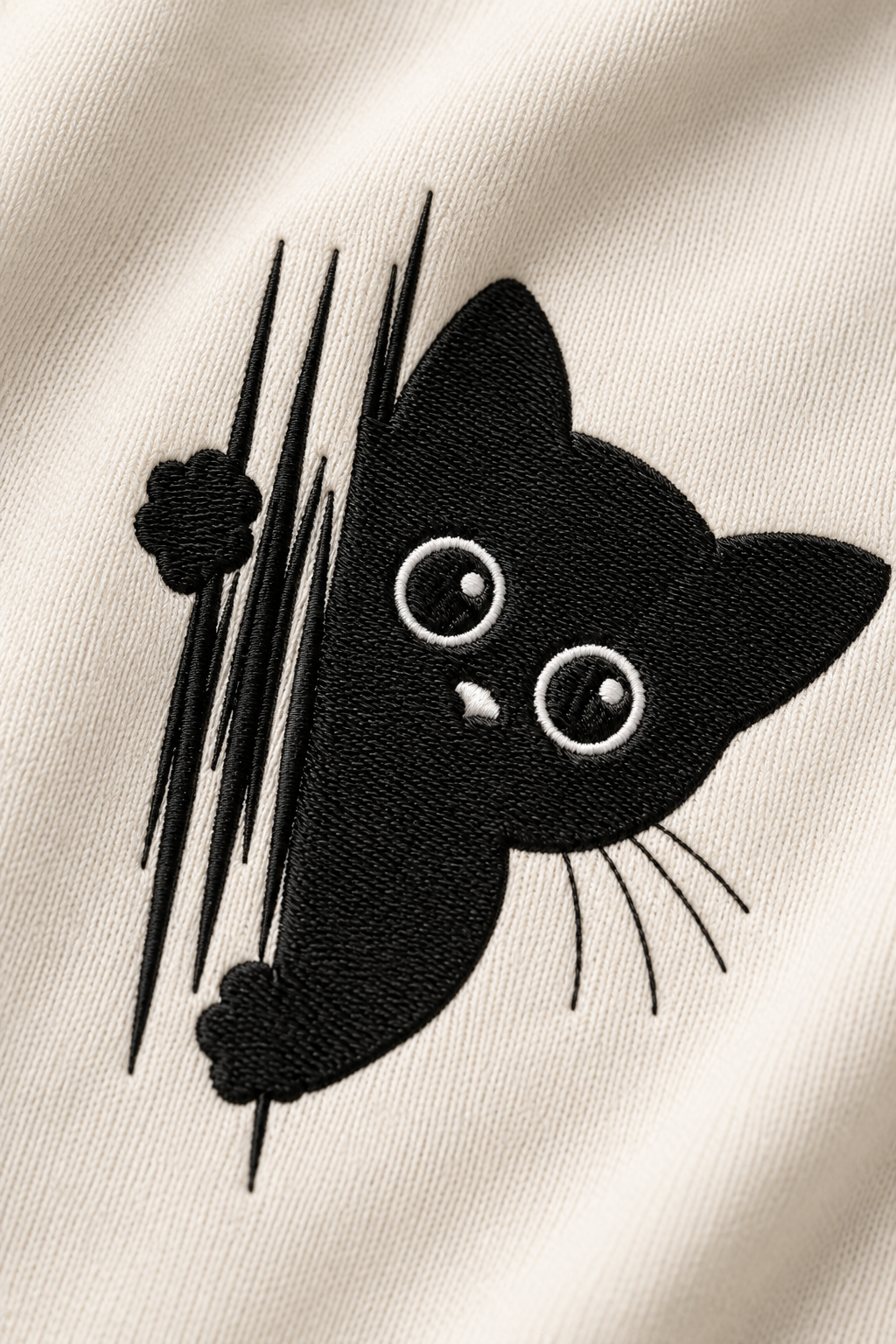 Peekaboo Black Cat Embroidered T-Shirt – Off White | Cute Minimal Cotton Tee for Men
