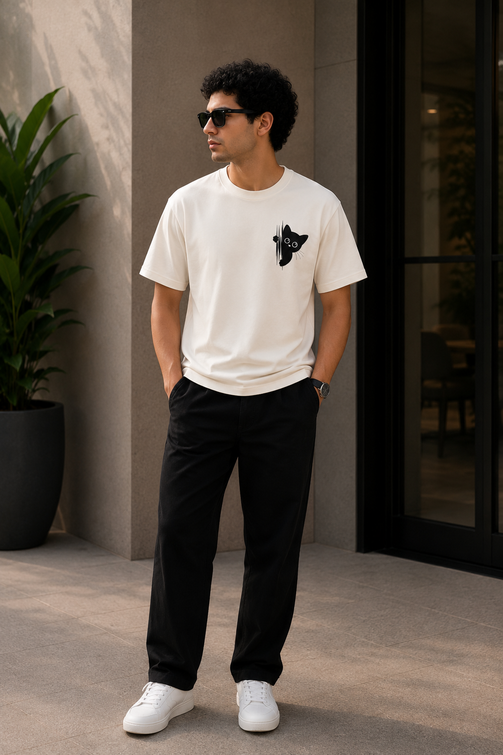 Peekaboo Black Cat Embroidered T-Shirt – Off White | Cute Minimal Cotton Tee for Men