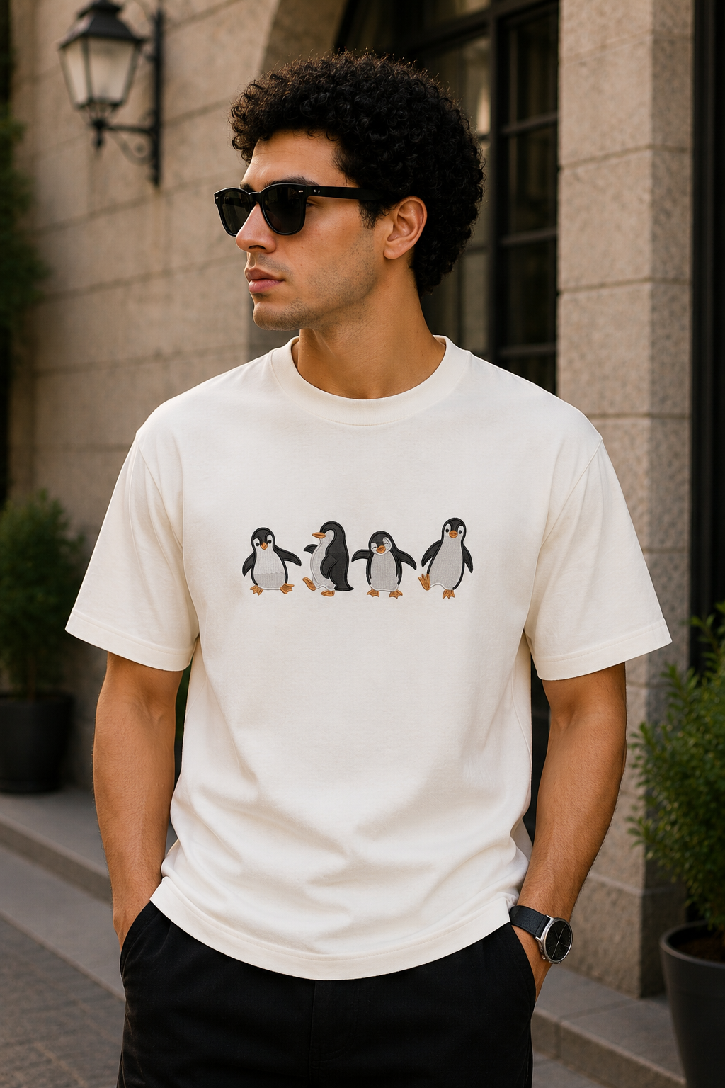 Penguin Parade Embroidered T-Shirt – Off White | Cute Penguin Cotton Tee for Men