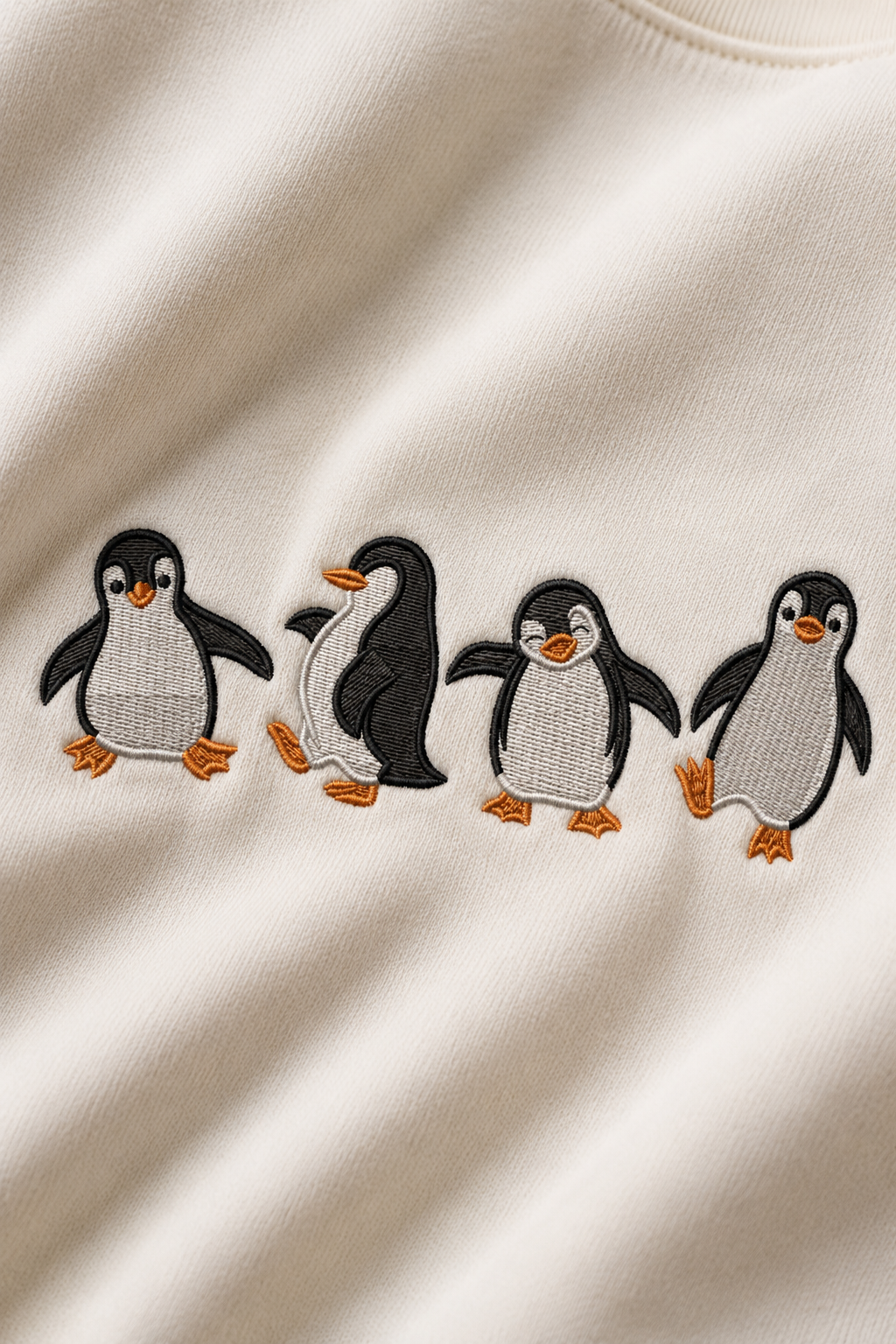 Penguin Parade Embroidered T-Shirt – Off White | Cute Penguin Cotton Tee for Men