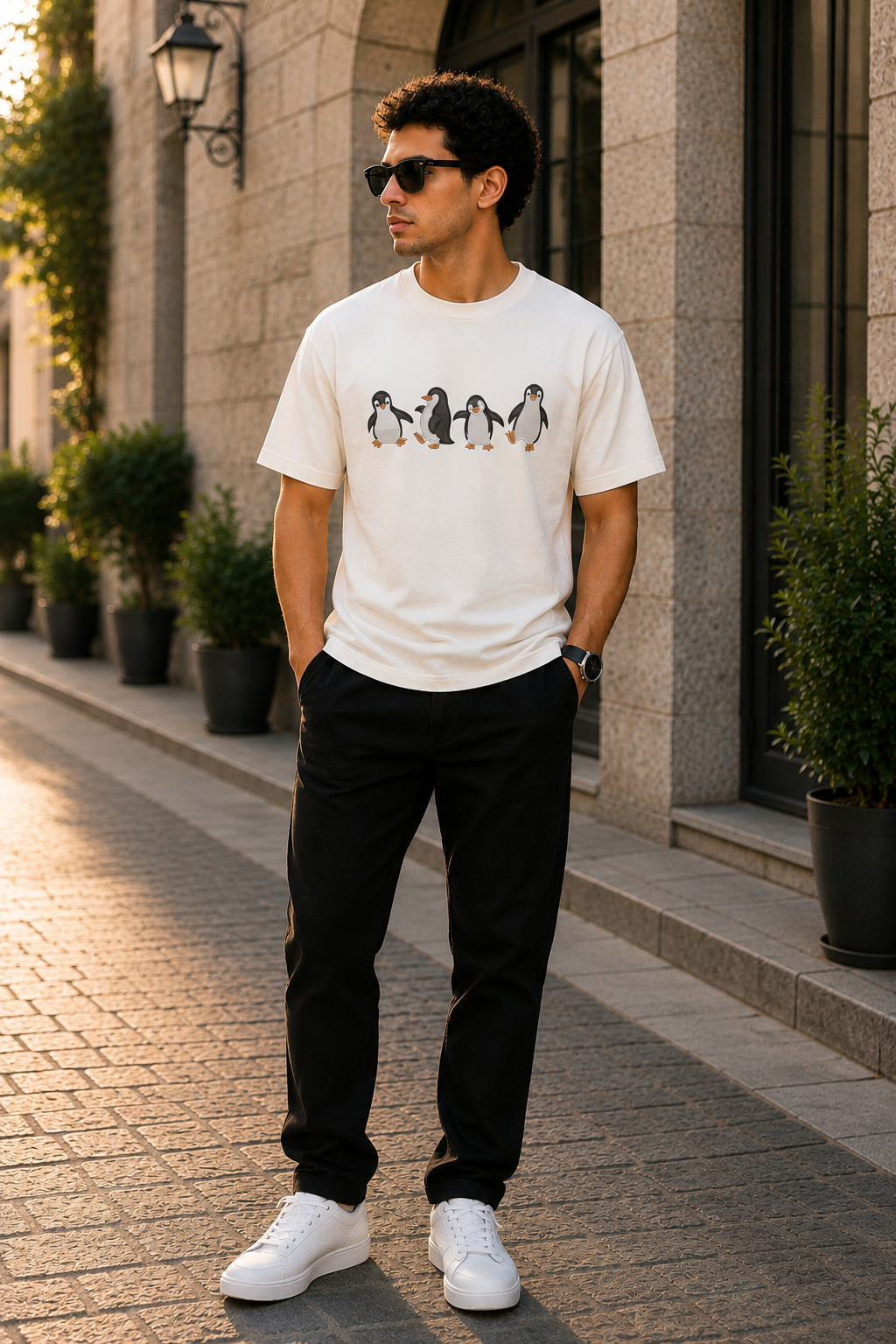 Penguin Parade Embroidered T-Shirt – Off White | Cute Penguin Cotton Tee for Men
