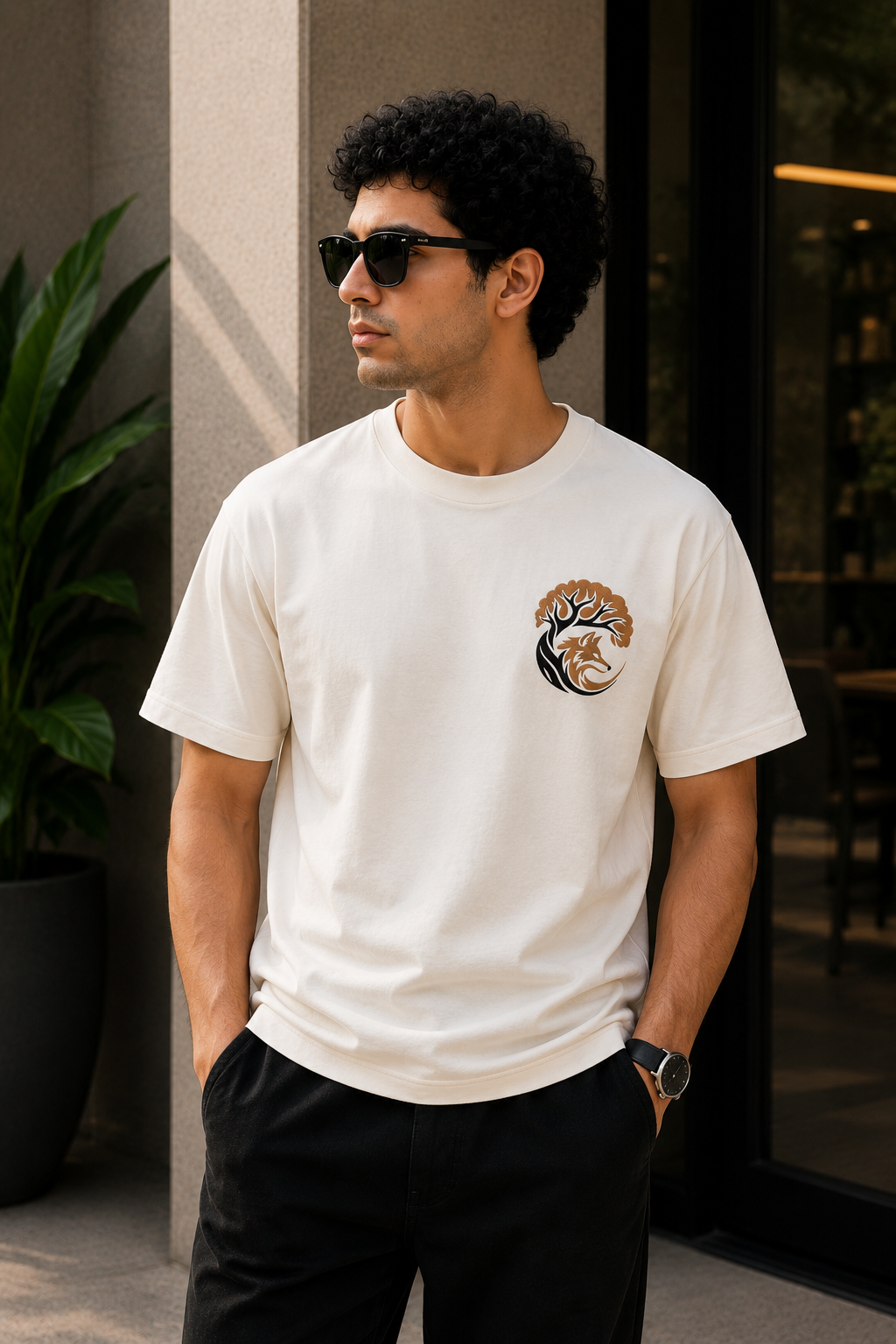 Fox Under the Tree Embroidered T-Shirt – Off White | Nature Inspired Premium Cotton Tee for Men