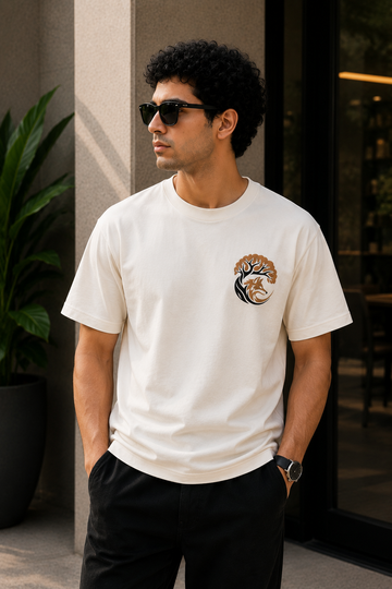 Fox Under the Tree Embroidered T-Shirt – Off White | Nature Inspired Premium Cotton Tee for Men