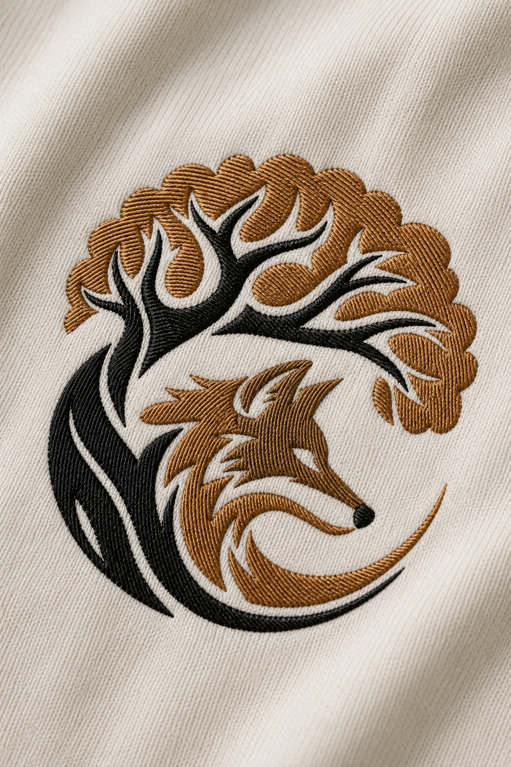 Fox Under the Tree Embroidered T-Shirt – Off White | Nature Inspired Premium Cotton Tee for Men