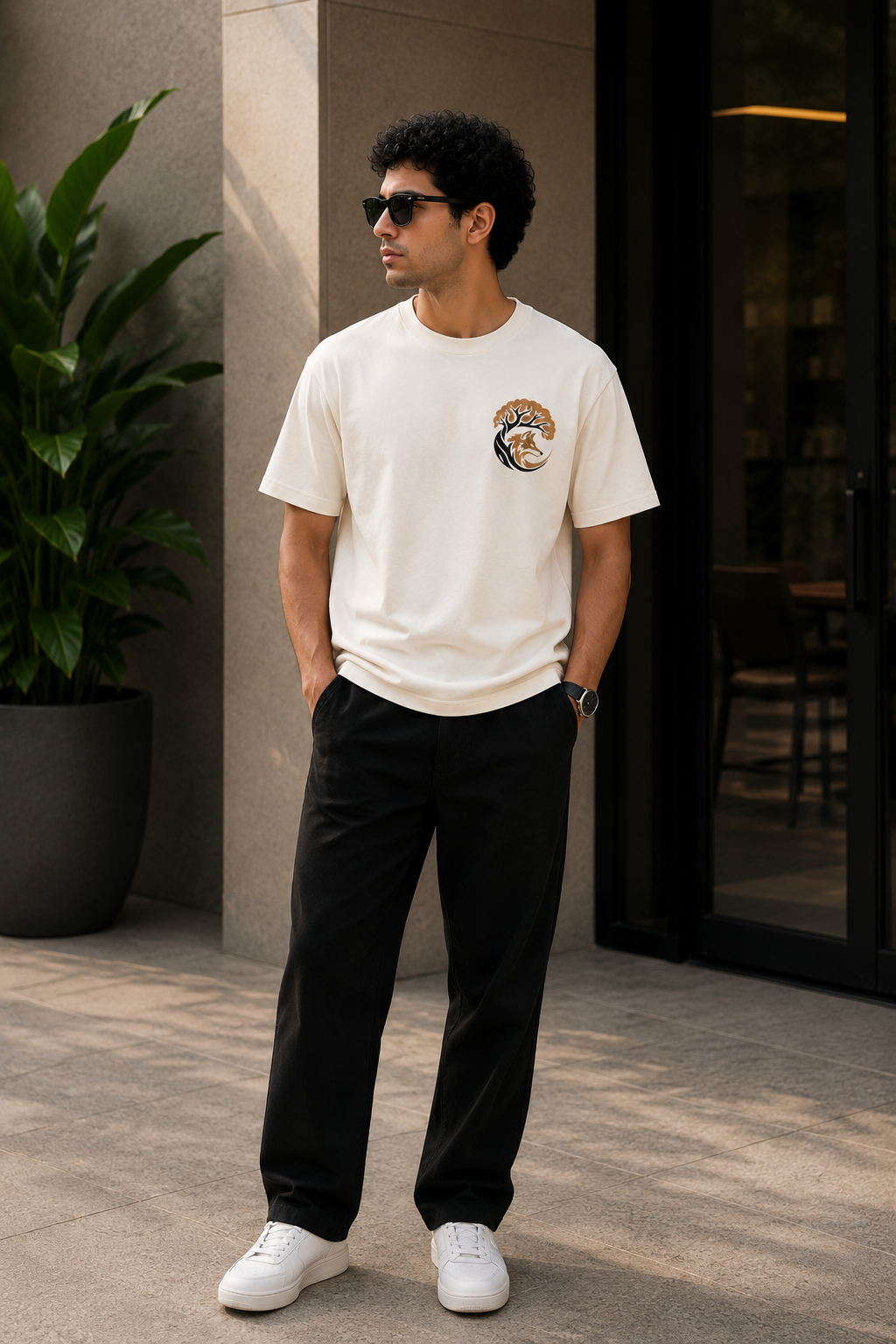 Fox Under the Tree Embroidered T-Shirt – Off White | Nature Inspired Premium Cotton Tee for Men