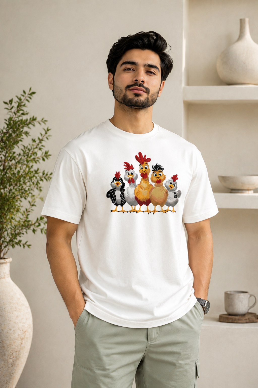 Chicken Family Embroidered T-Shirt – Off White | Cute Farm Animal Premium Cotton Tee for Men