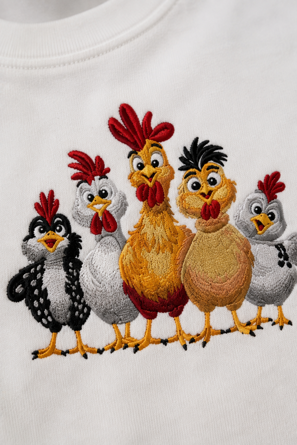 Chicken Family Embroidered T-Shirt – Off White | Cute Farm Animal Premium Cotton Tee for Men