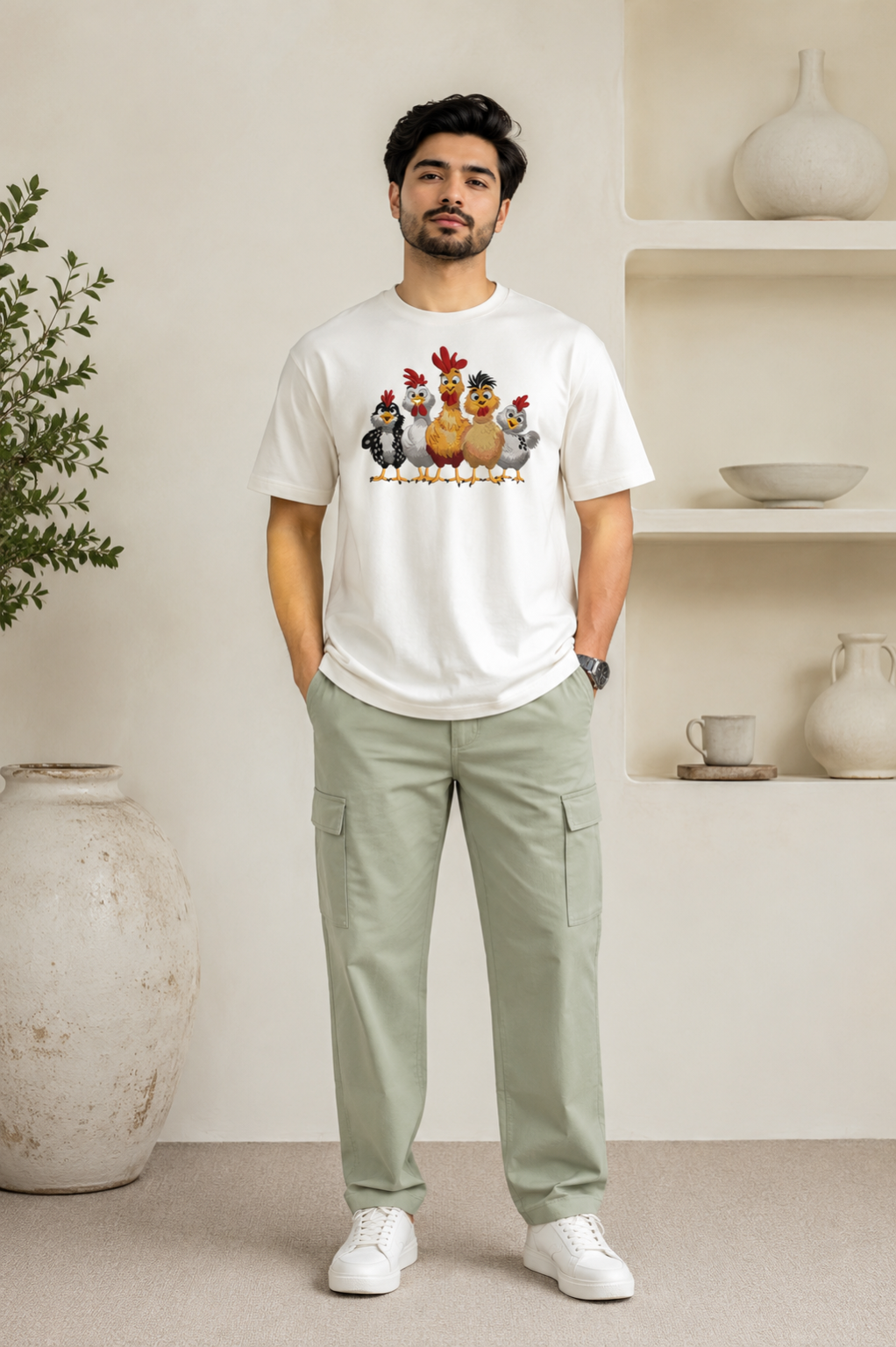 Chicken Family Embroidered T-Shirt – Off White | Cute Farm Animal Premium Cotton Tee for Men