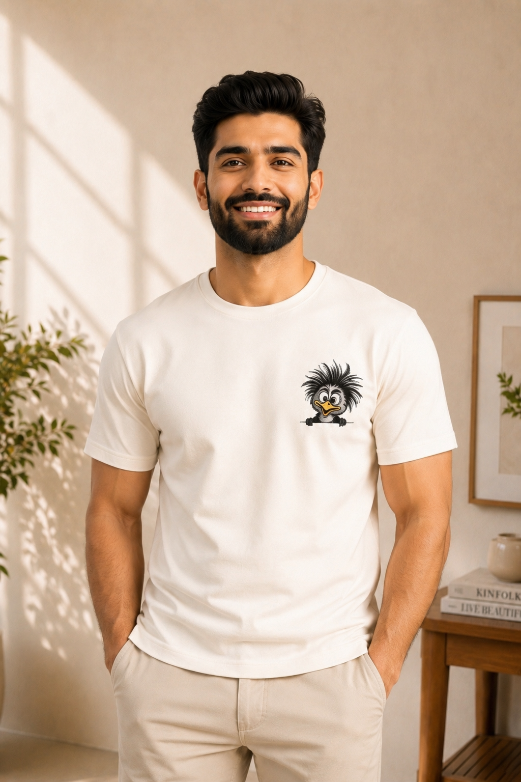 Cute Crazy Ostrich Embroidered T-Shirt – Off White | Funny Bird Premium Cotton Tee for Men