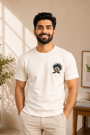 Cute Crazy Ostrich Embroidered T-Shirt – Off White | Funny Bird Premium Cotton Tee for Men