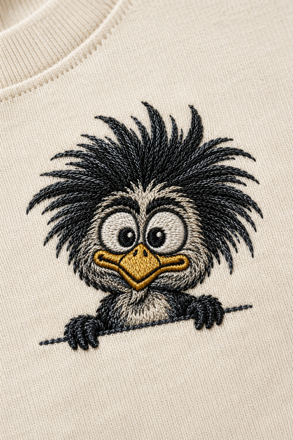 Cute Crazy Ostrich Embroidered T-Shirt – Off White | Funny Bird Premium Cotton Tee for Men