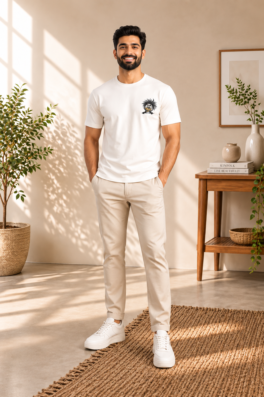 Cute Crazy Ostrich Embroidered T-Shirt – Off White | Funny Bird Premium Cotton Tee for Men