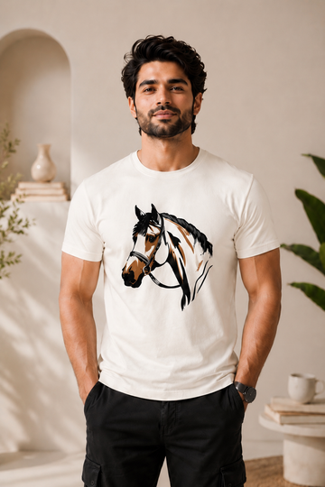 Realistic Horse Embroidered T-Shirt – Off White | Premium Equestrian Cotton Tee for Men
