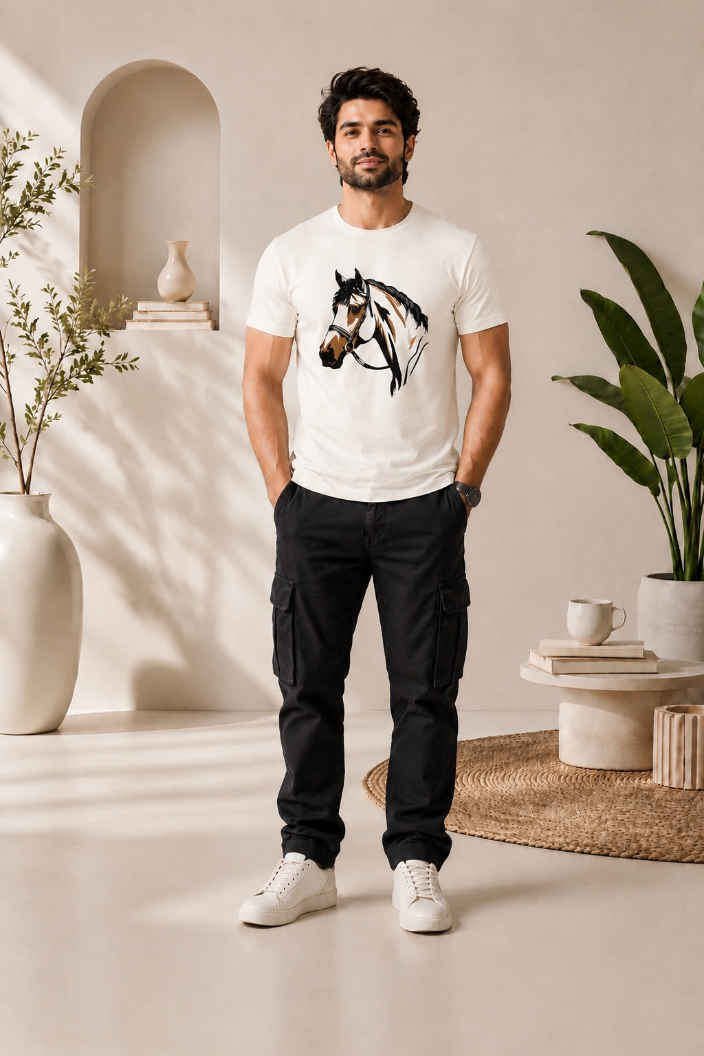 Realistic Horse Embroidered T-Shirt – Off White | Premium Equestrian Cotton Tee for Men