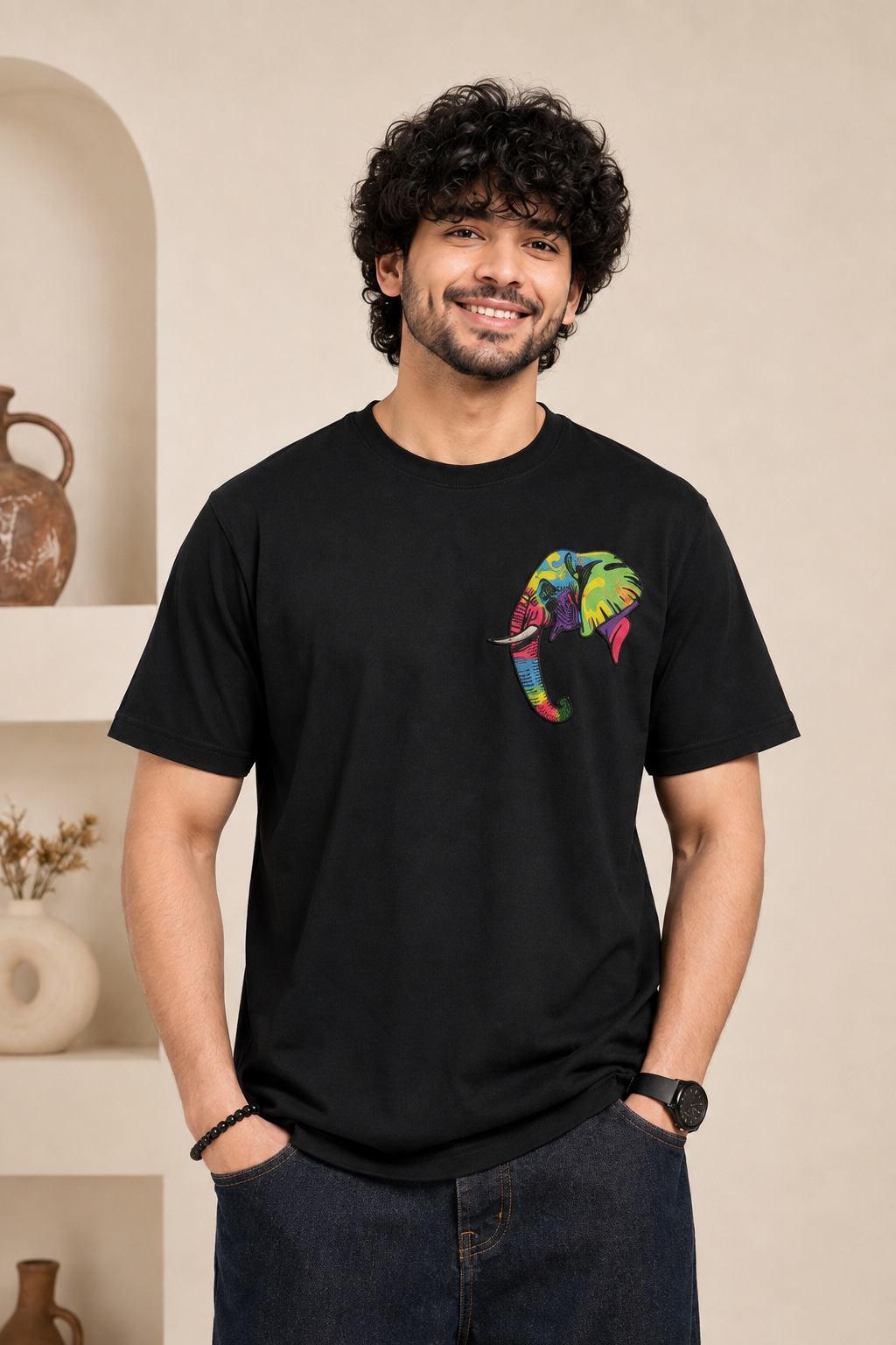 Colorful Elephant Embroidered T-Shirt – Black | Premium Artistic Elephant Cotton Tee for Men