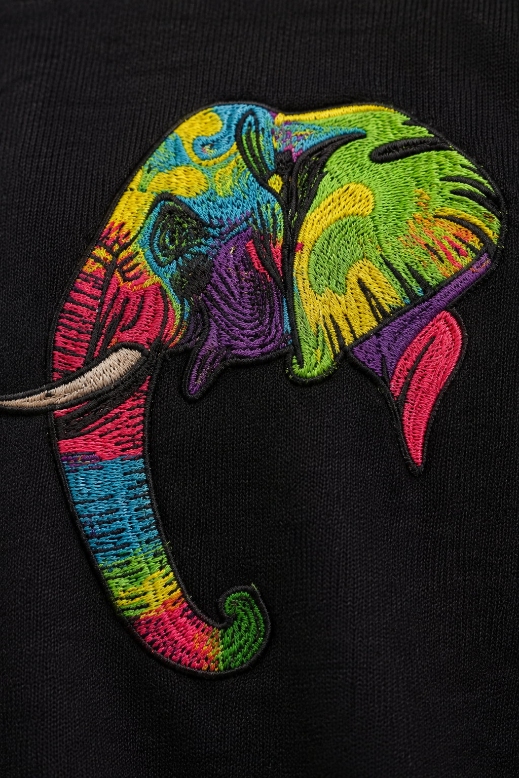 Colorful Elephant Embroidered T-Shirt – Black | Premium Artistic Elephant Cotton Tee for Men
