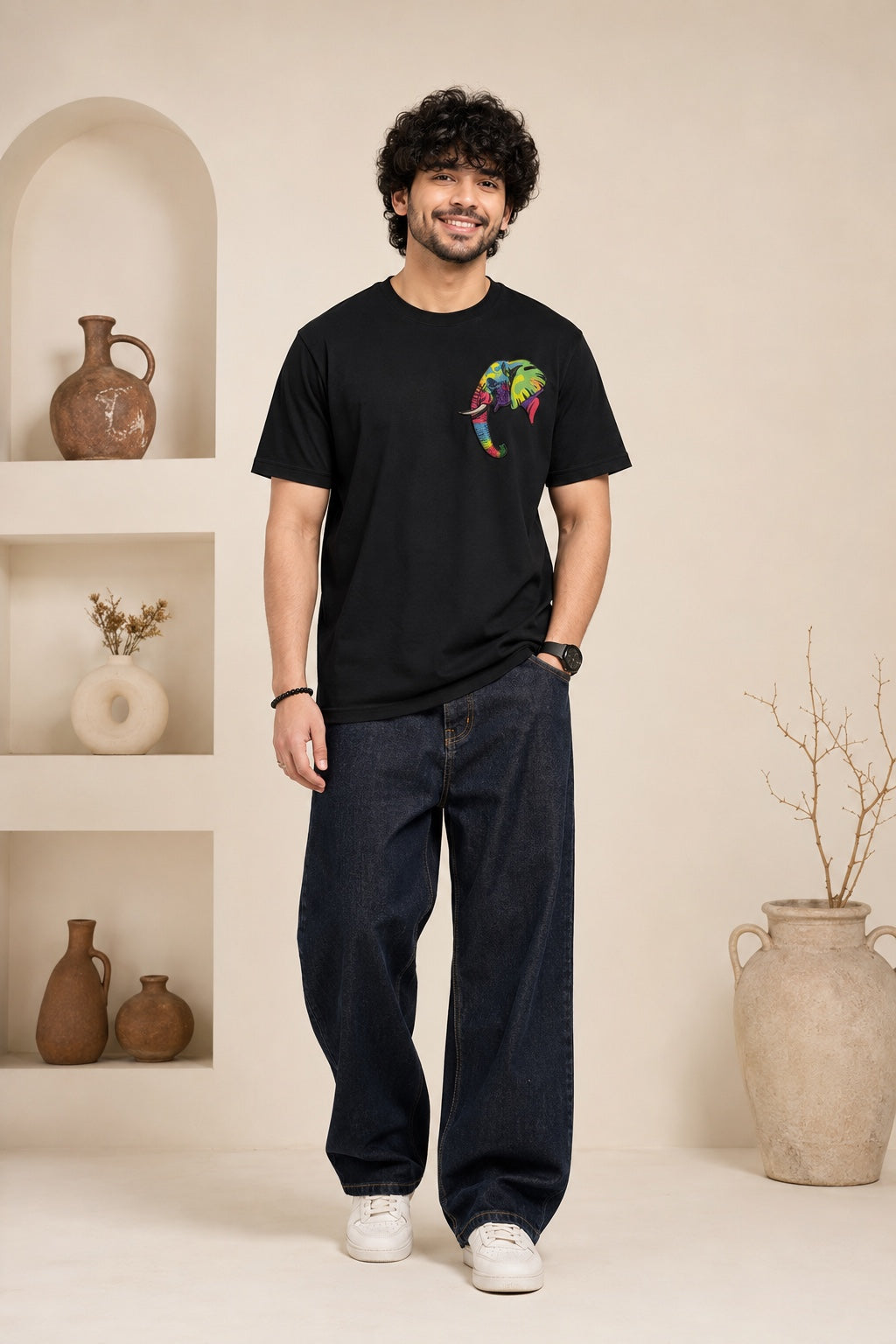 Colorful Elephant Embroidered T-Shirt – Black | Premium Artistic Elephant Cotton Tee for Men