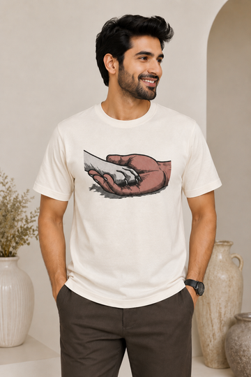 Cat & Human Hand Embroidered T-Shirt – Off White | Premium Pet Lover Cotton Tee for Men