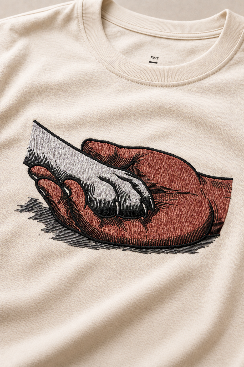 Cat & Human Hand Embroidered T-Shirt – Off White | Premium Pet Lover Cotton Tee for Men