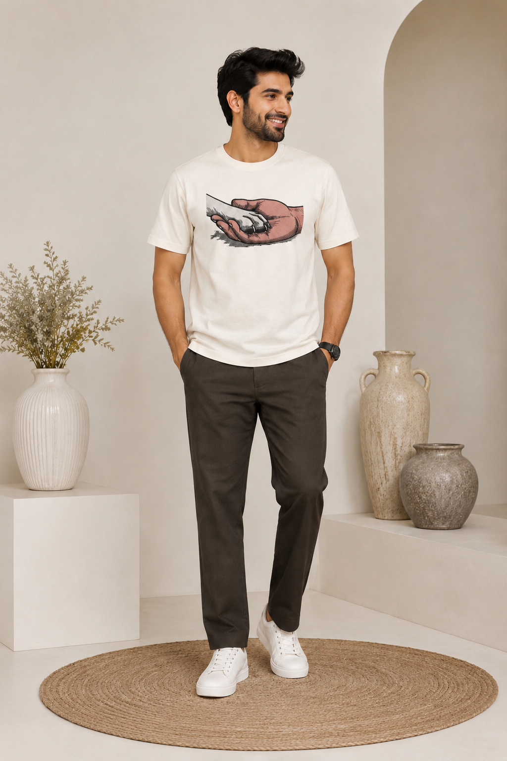 Cat & Human Hand Embroidered T-Shirt – Off White | Premium Pet Lover Cotton Tee for Men
