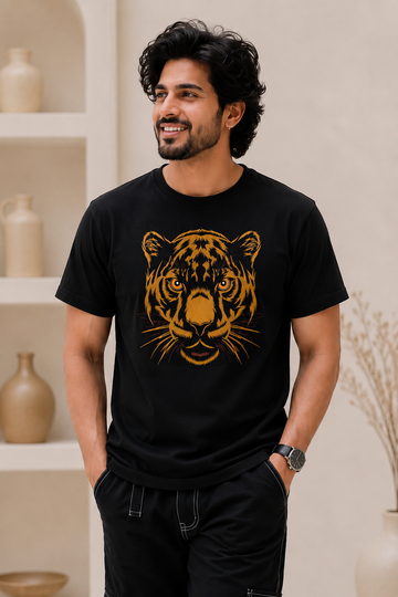 Fierce Tiger Face Embroidered T-Shirt – Black | Premium Wild Animal Cotton Tee for Men