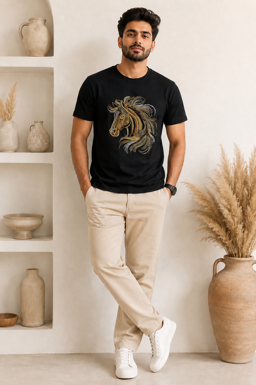 Fierce Tiger Face Embroidered T-Shirt – Black | Premium Wild Animal Cotton Tee for Men