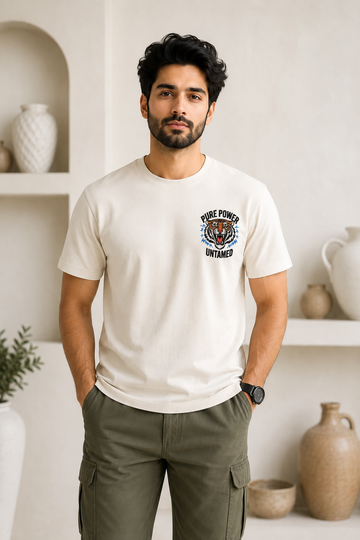 Pure Power Untamed Tiger Embroidered T-Shirt – Premium Cotton Graphic Tee for Men