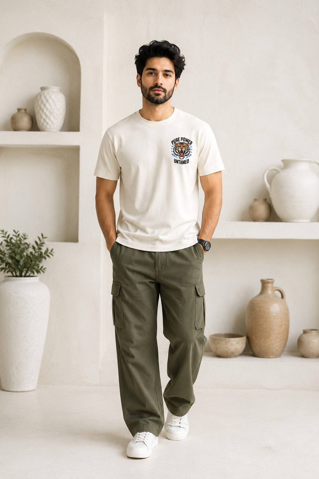 Pure Power Untamed Tiger Embroidered T-Shirt – Premium Cotton Graphic Tee for Men