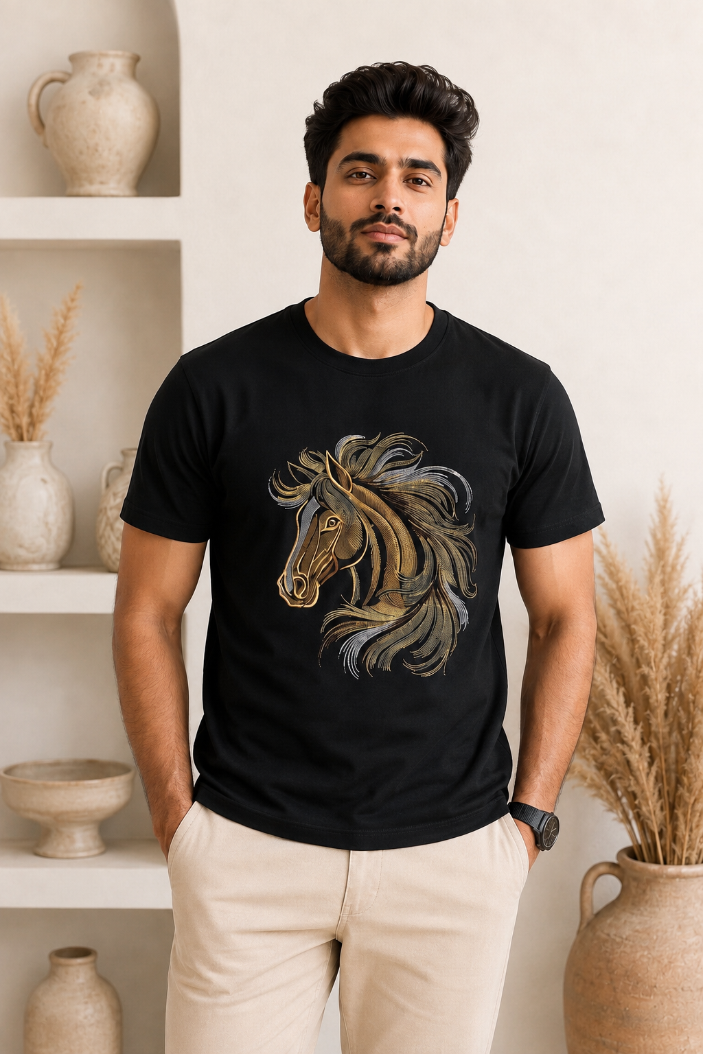 Golden Horse Embroidered T-Shirt – Premium Black Cotton Horse Head Graphic Tee for Men