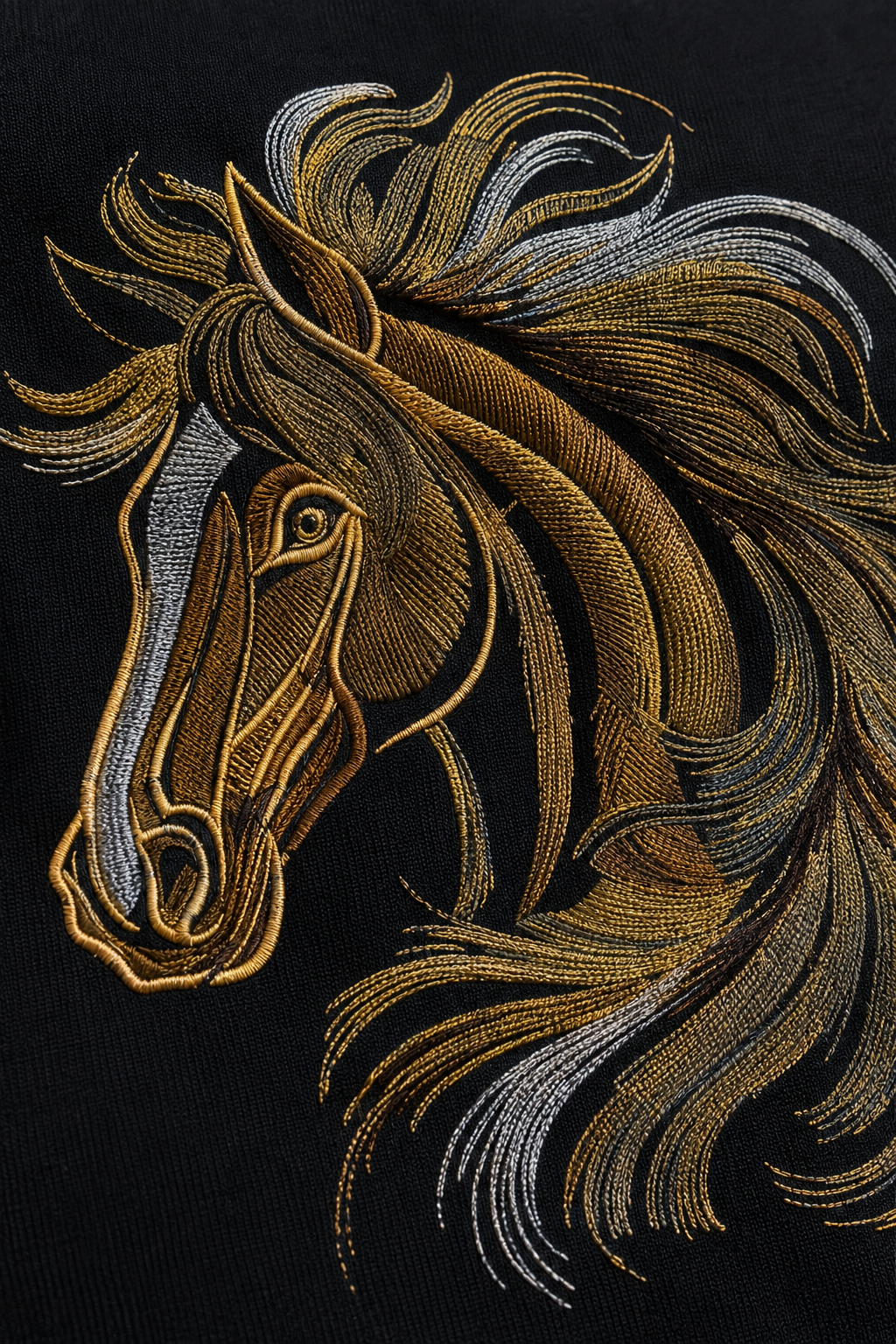 Golden Horse Embroidered T-Shirt – Premium Black Cotton Horse Head Graphic Tee for Men