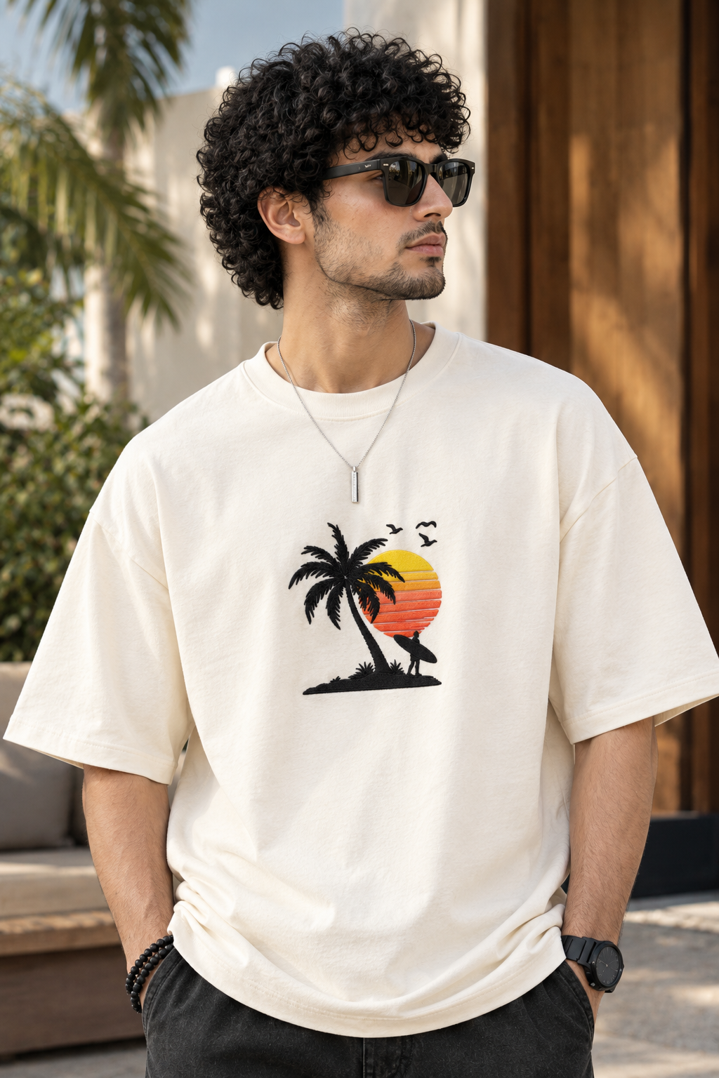 Tropical Sunset Palm Tree Embroidery Oversized T-Shirt for Men in Off-White (240 GSM) | STITCHIFLY