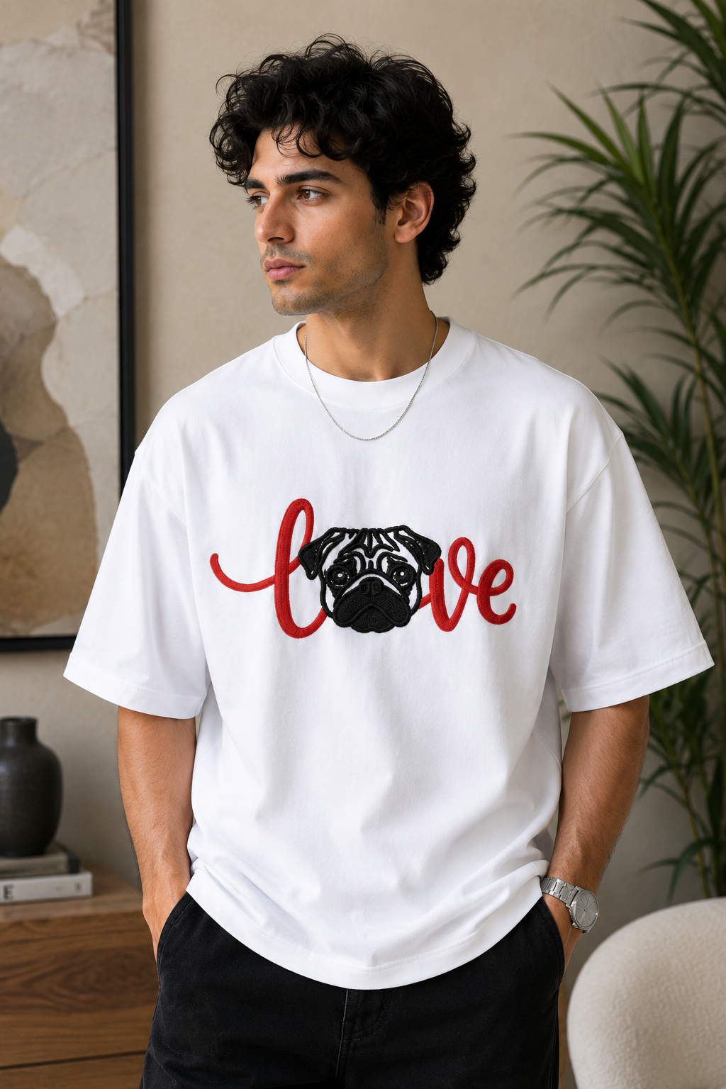 Love Pug Embroidered White Oversized T-Shirt – Premium Cute Dog Cotton Tee for Men