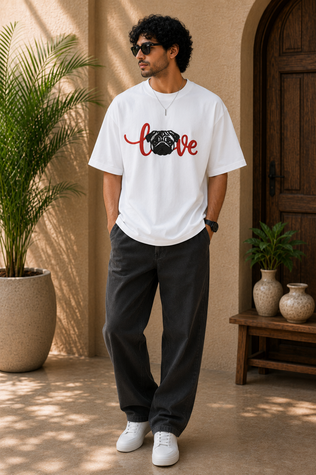 Love Pug Embroidered White Oversized T-Shirt – Premium Cute Dog Cotton Tee for Men
