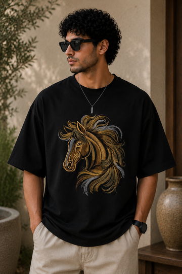 Golden Horse Embroidered Black Oversized T-Shirt – Premium Luxury Horse Cotton Tee for Men