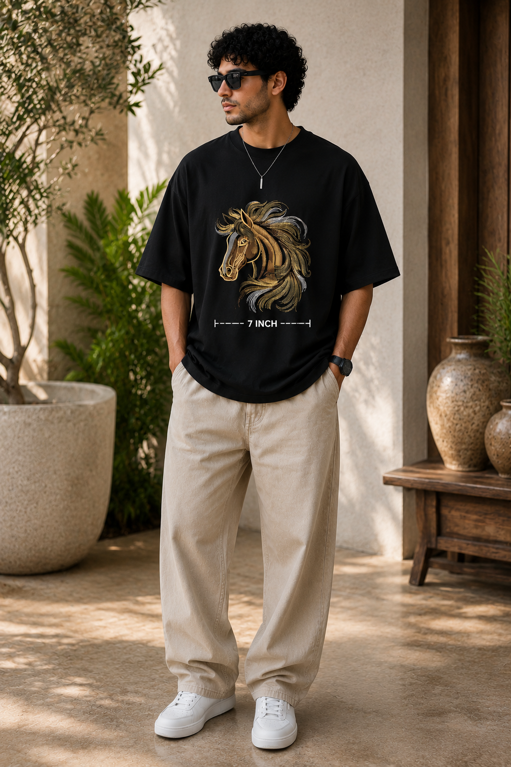 Golden Horse Embroidered Black Oversized T-Shirt – Premium Luxury Horse Cotton Tee for Men