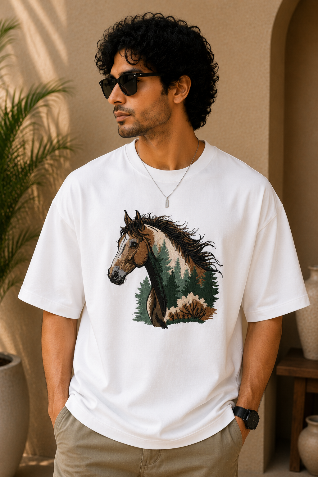 Horse Forest Embroidered White Oversized T-Shirt – Premium Nature Horse Cotton Tee for Men