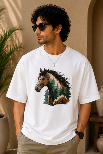 Horse Forest Embroidered White Oversized T-Shirt – Premium Nature Horse Cotton Tee for Men