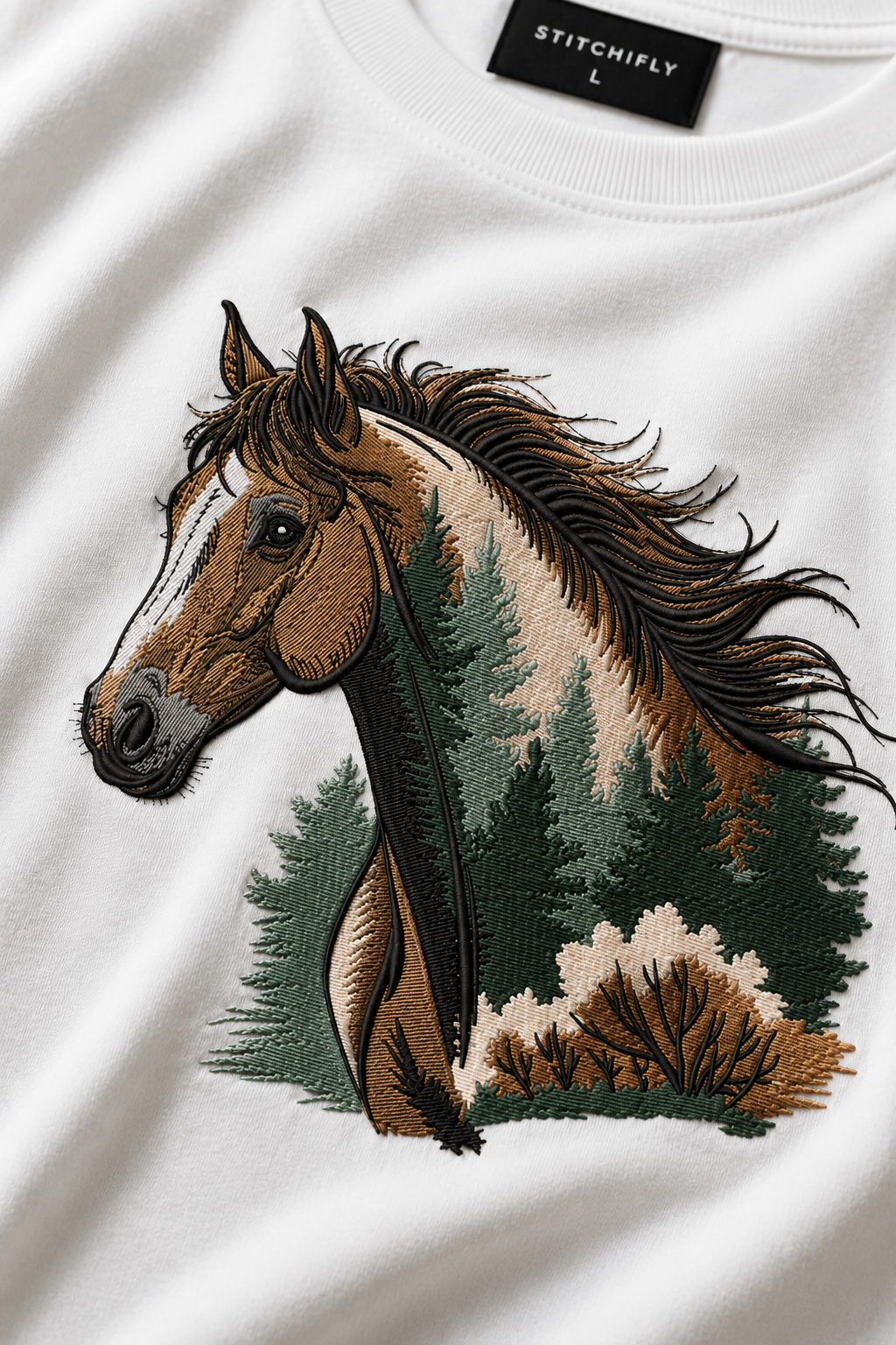 Horse Forest Embroidered White Oversized T-Shirt – Premium Nature Horse Cotton Tee for Men