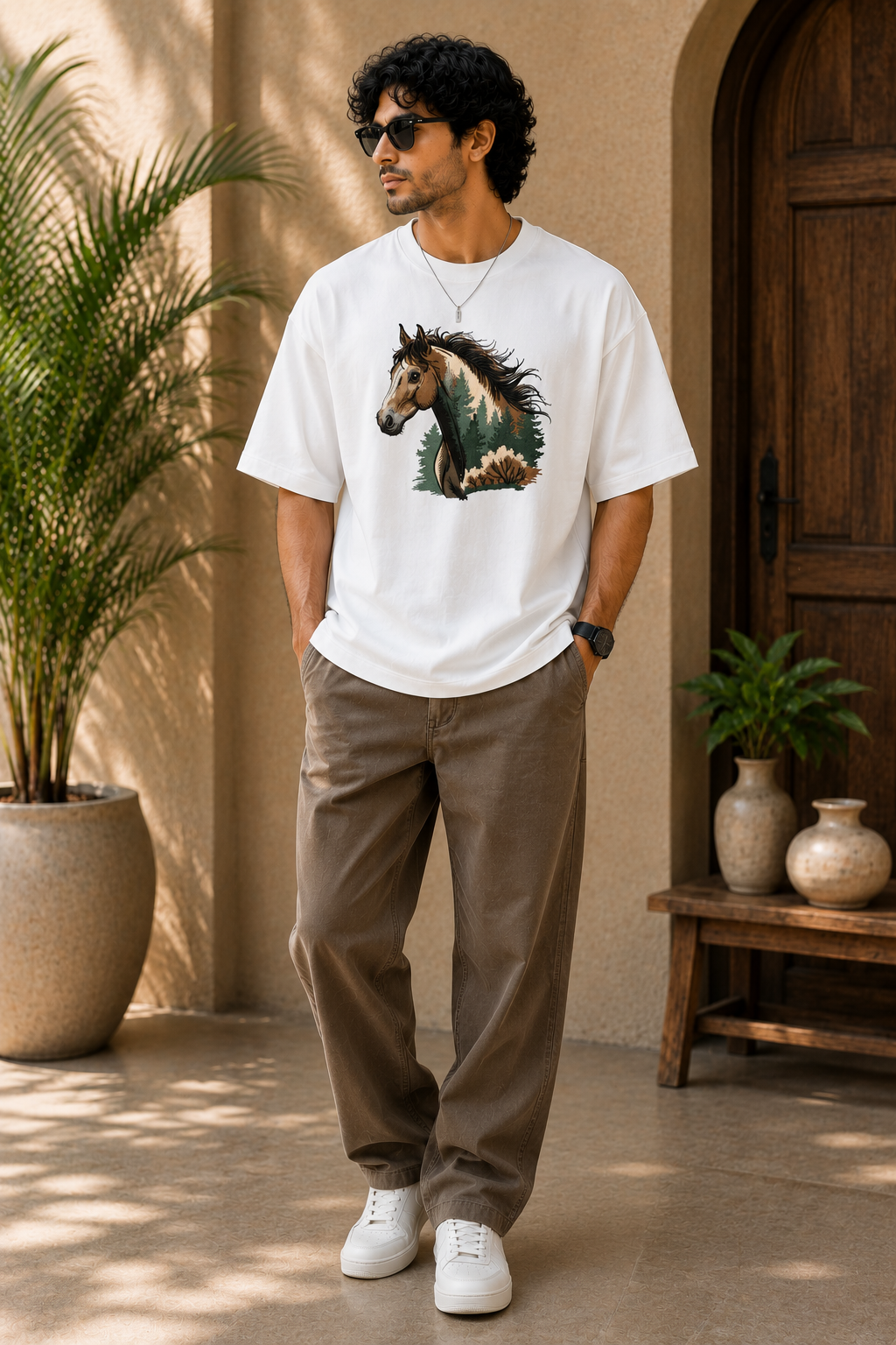 Horse Forest Embroidered White Oversized T-Shirt – Premium Nature Horse Cotton Tee for Men