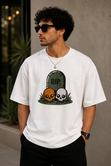 RIP Skull Embroidered White Oversized T-Shirt – Cute Halloween Gothic Cotton Tee for Men