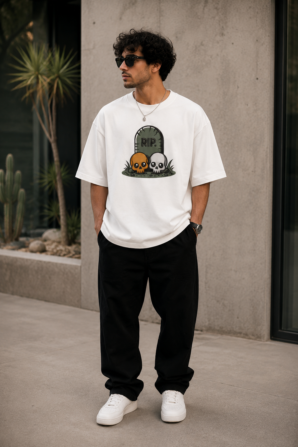 RIP Skull Embroidered White Oversized T-Shirt – Cute Halloween Gothic Cotton Tee for Men