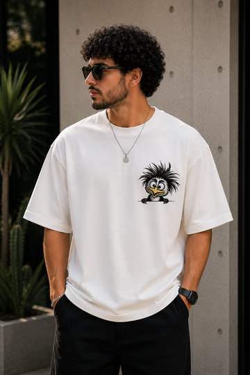 Funny Ostrich Embroidered White Oversized T-Shirt – Cute Cartoon Bird Premium Cotton Tee for Men