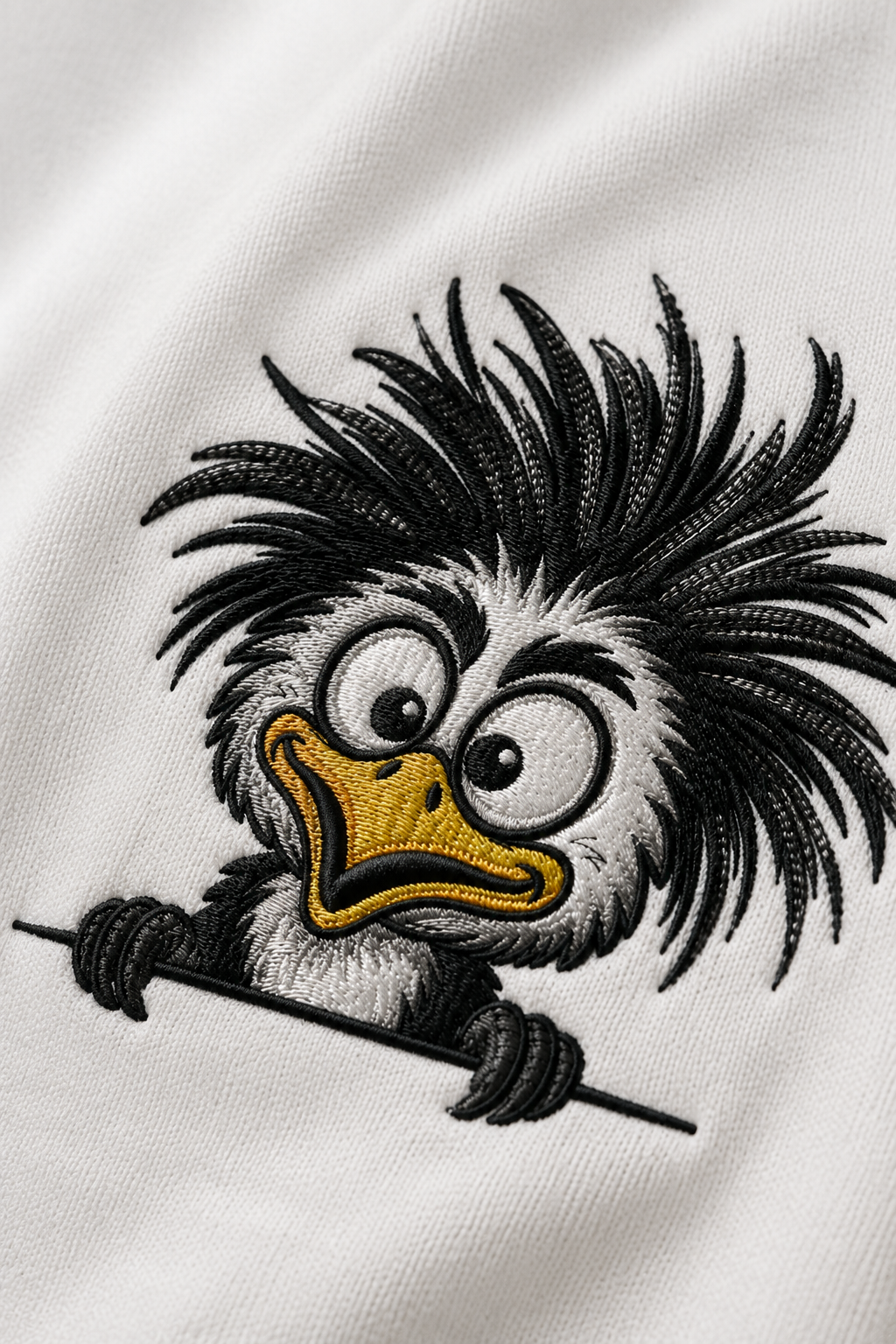 Funny Ostrich Embroidered White Oversized T-Shirt – Cute Cartoon Bird Premium Cotton Tee for Men