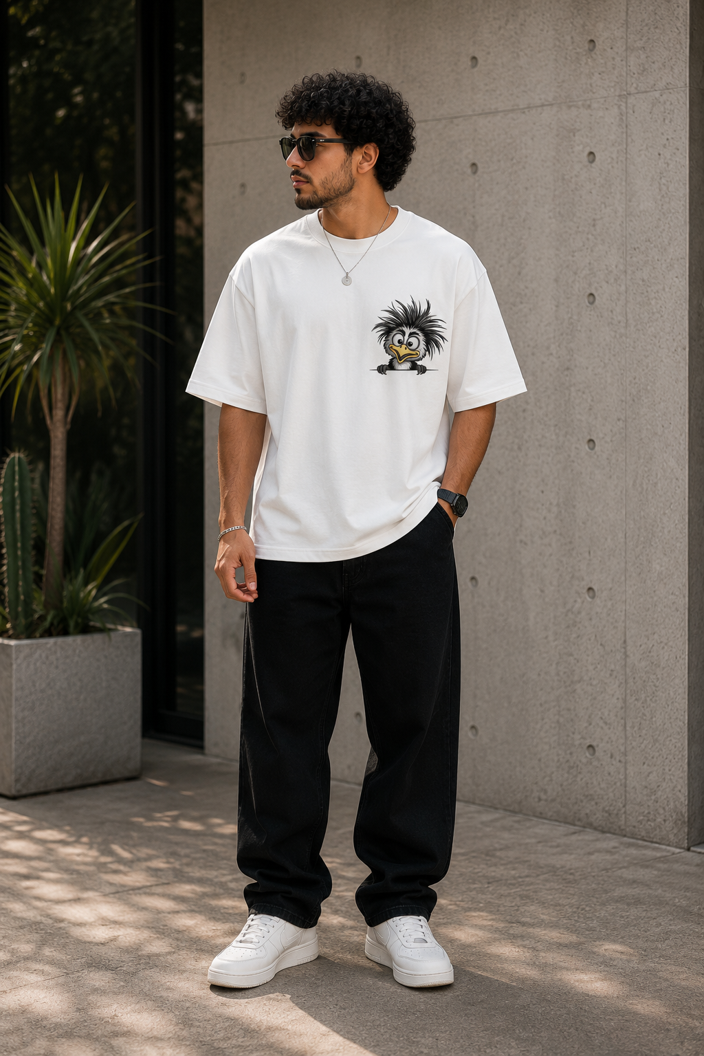 Funny Ostrich Embroidered White Oversized T-Shirt – Cute Cartoon Bird Premium Cotton Tee for Men