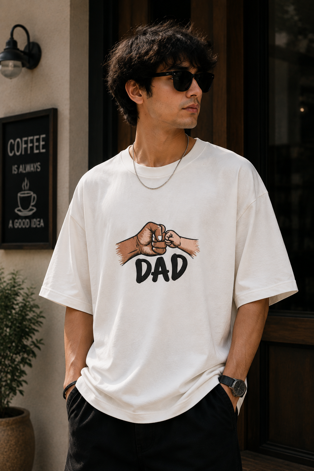 Dad & Baby Fist Bump Custom Embroidered Oversized T-Shirt for Men in Off White | STITCHIFLY