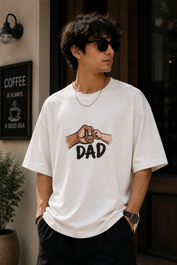 Dad & Baby Fist Bump Custom Embroidered Oversized T-Shirt for Men in Off White | STITCHIFLY