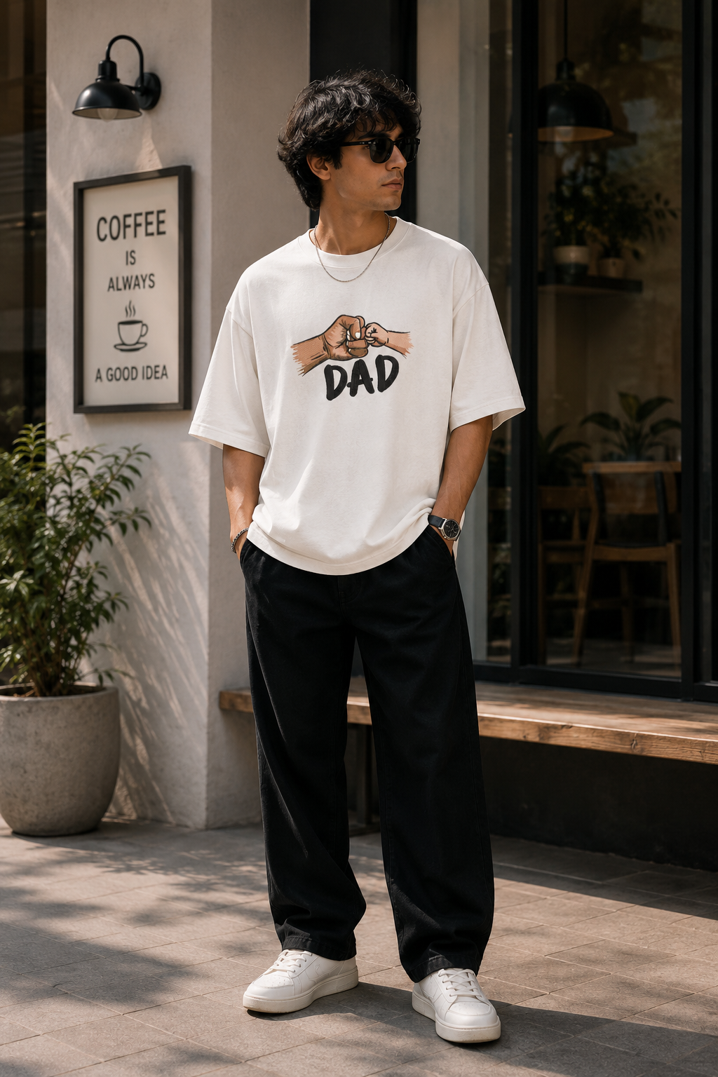 Dad & Baby Fist Bump Custom Embroidered Oversized T-Shirt for Men in Off White | STITCHIFLY