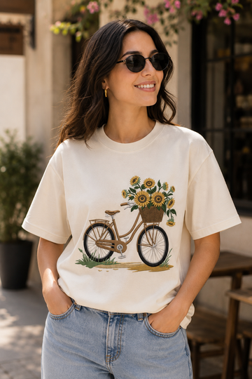 Sunflower Bicycle Embroidered Off-White Oversized T-Shirt